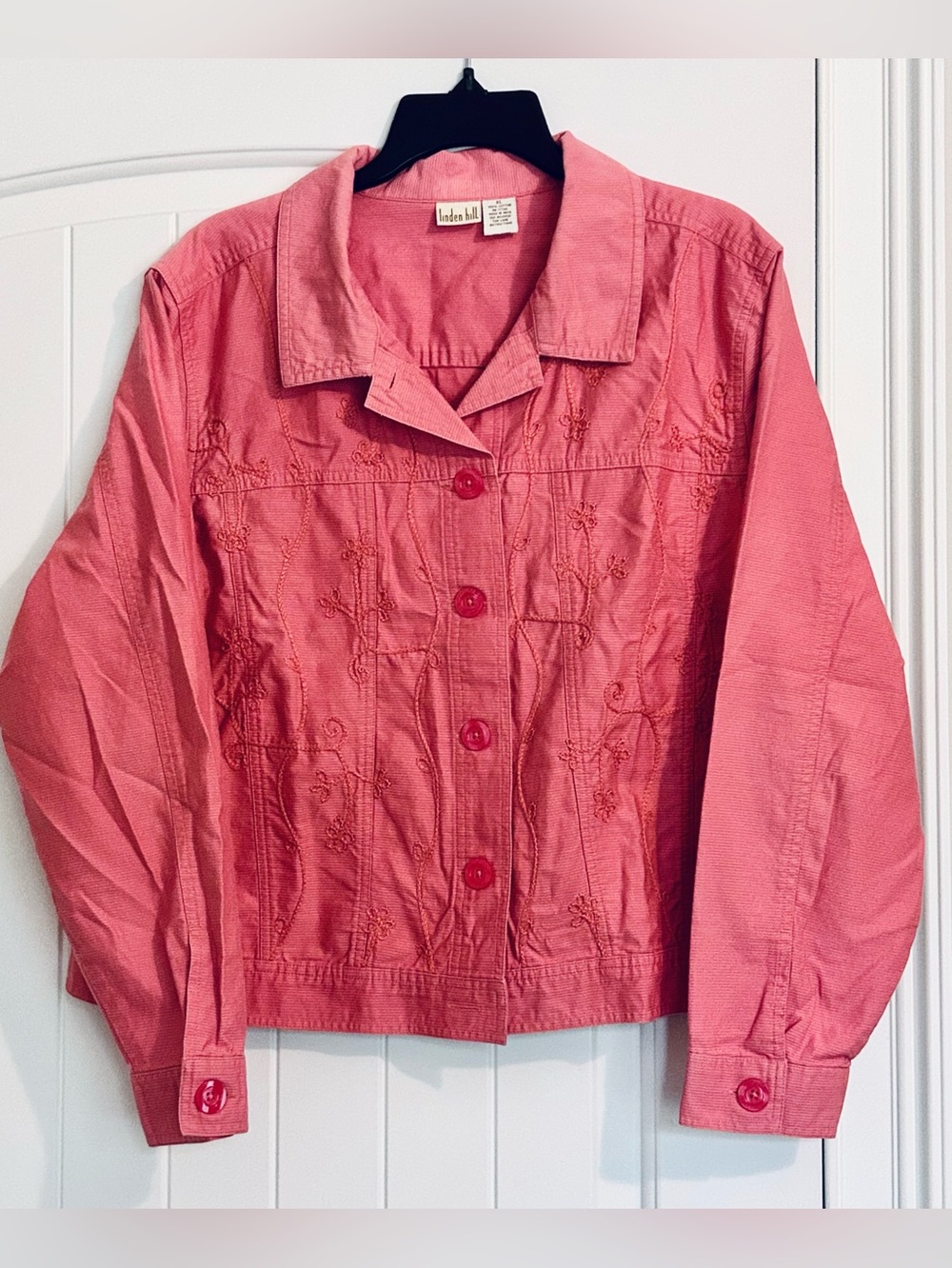 Linden Hill Embroidered Coral Pink Lightweight Jean Jacket